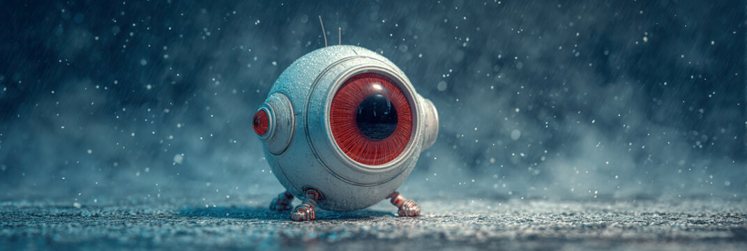 Snowflakes drift through a cold, misty air. Lone, curious, eyeball-shaped robot stands still. Its red iris glows softly against gray metal. Tiny feet support its rounded, armored form