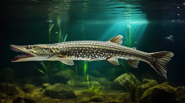 Long-Snouted Elongated Freshwater Predator Swimming Through a Glass Aquarium Scene