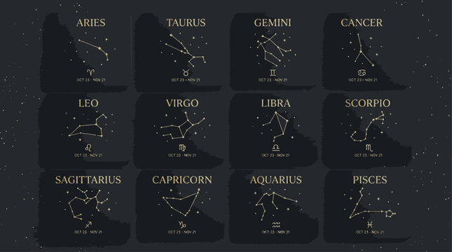 A flat lay of twelve zodiac signs with gold constellation illustrations on black cards with white speckles resembling a starry night sky.