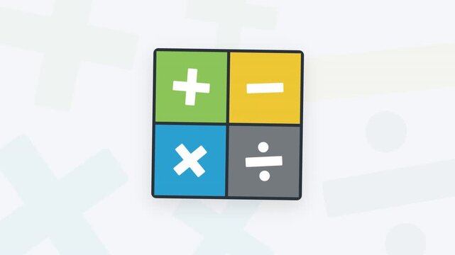 Animated colorful square with different sections and mathematical symbols.