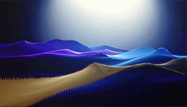 Paisagem abstrata com dunas onduladas em tons de azul profundo e dourado sob uma luz brilhante e misteriosa em um estilo digital moderno.