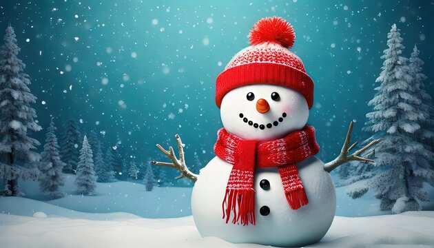 Ein fr&ouml;hlicher Schneemann mit roter M&uuml;tze und Schal steht l&auml;chelnd in einer verschneiten Winterlandschaft bei fallendem Schnee.