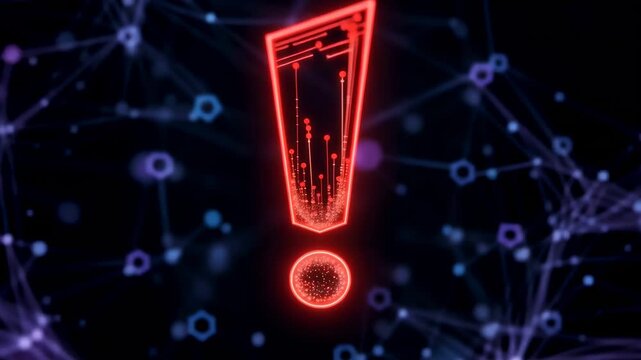 This depicts a futuristic error screen with a prominent neon exclamation mark set against a dark background adorned with purple and blue digital connections, conveying a sense of technical