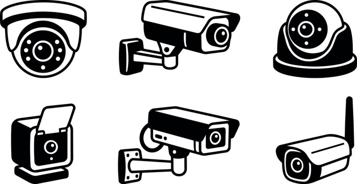 Black and white cctv camera icon set with dome bullet and wireless styles