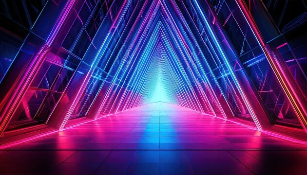 Futuristischer Neon-Tunnel mit strahlenden Dreiecksformen und dynamischen Farbverl&auml;ufen, der eine Reise in die digitale Welt symbolisiert.
