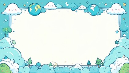 Fototapeta premium Cute Earth Day Frame with Fluffy Blue Clouds and Earth Elements, Playful Environment Border Template for Kids Education, School Projects, and Happy Ecology Concept Design