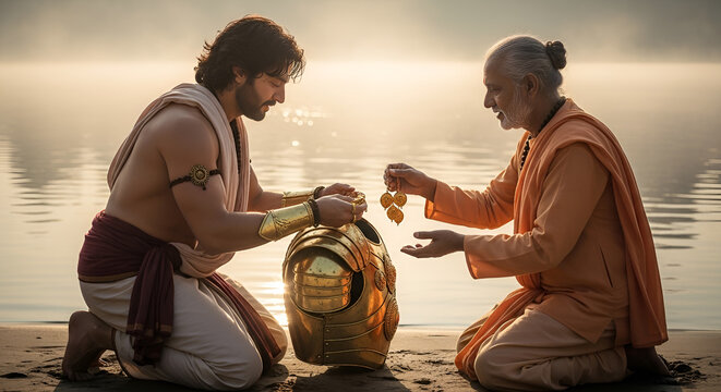 Mahabharat epic scene of Karna giving divine golden armor to Indra