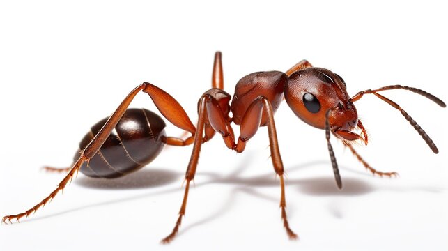 Macro Shot of a Red-Orange Ant Worker with a Dark Metallic Abdomen on White Background