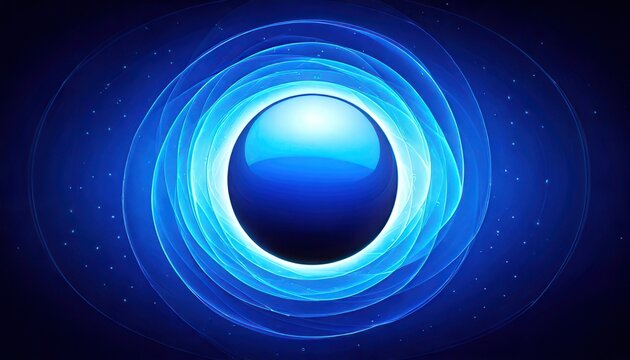 Leuchtende blaue Kugel umgeben von dynamischen, abstrakten Lichtwellen in einem futuristischen, digitalen Raum.