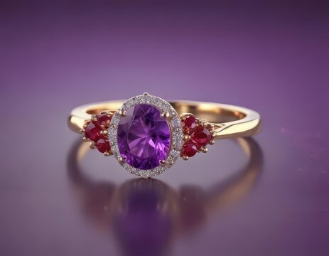 Delicate amethyst ring on finger with ruby accents, jewelry, precious stones