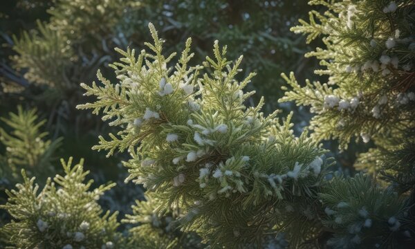 Dense forest of fluffy white juniper tree branches in morning light,  evergreen,  delicate