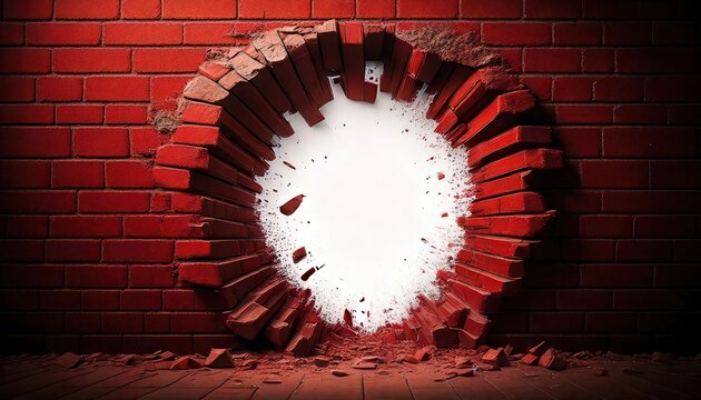 Eine rote Ziegelwand mit einem kreisf&ouml;rmigen Loch, aus dem Schutt und Tr&uuml;mmer herausbrechen, symbolisiert Durchbruch, Neuanfang und die &Uuml;berwindung von Hindernissen.