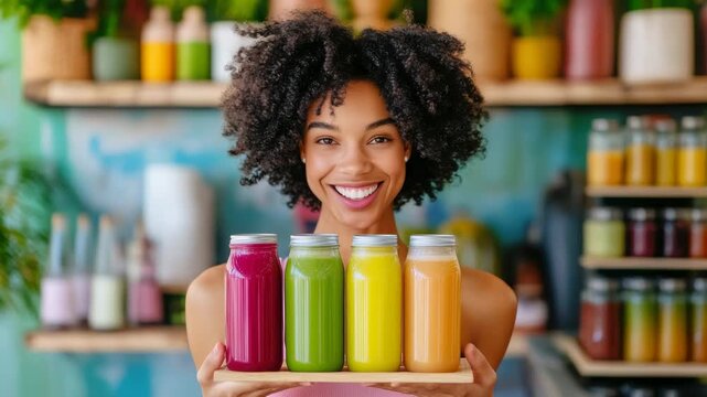 Woman smiling holding freshly made colorful juices on a wooden tray in a vibrant kitchen