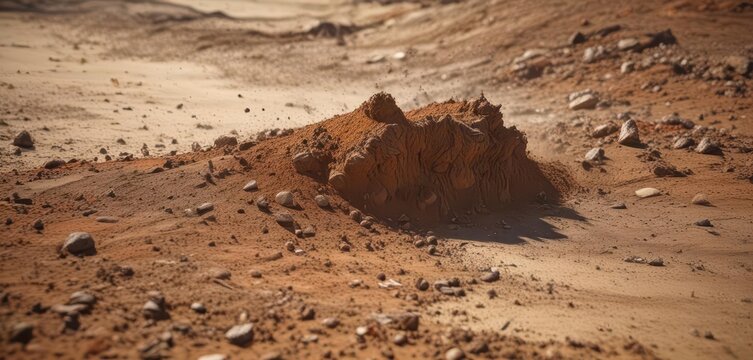 Dry soil suddenly ruptures with a loud sound, releasing powdery debris into the air,  dust cloud, soil blast