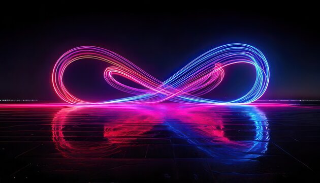 Leuchtendes Unendlichkeitszeichen in leuchtendem Neonpink und Blau, das auf einer reflektierenden Oberfl&auml;che vor dunklem Hintergrund schwebt und futuristische Technologie symbolisiert.