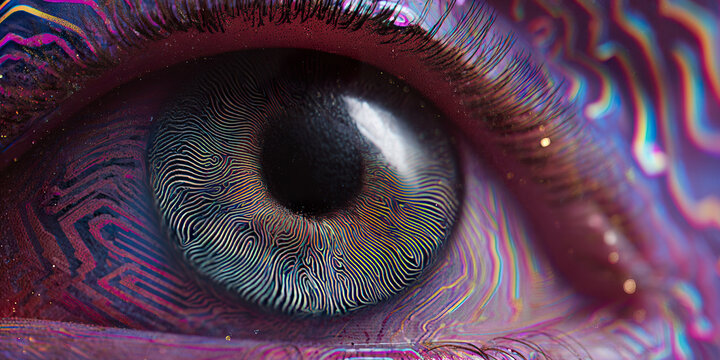 Close-up eye pulses with cosmic patterns. Fingerprints swirl inside the iris like a secret. Vibrant, iridescent colors bleed around the eyelid. Glowing reflections hint at mystery and depth