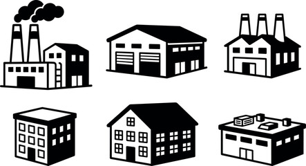 Fototapeta premium Black and white factory and warehouse building icons with chimneys and windows