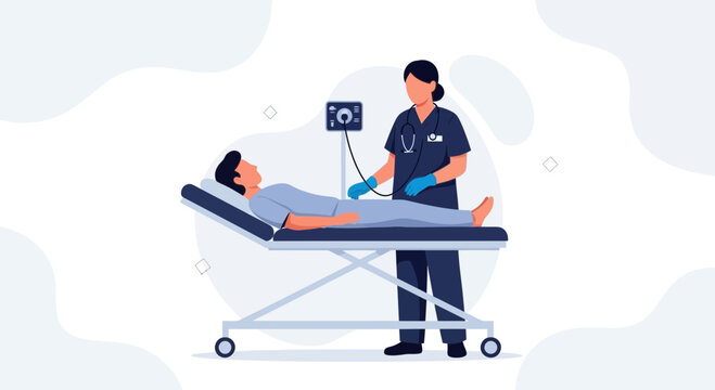Doctor performing ultrasound on patient lying on medical bed, healthcare concept