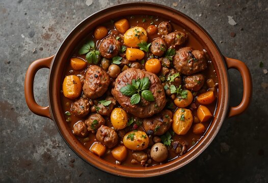 Hearty beef stew with carrots and potatoes served in a rustic ceramic pot on a dark background. puchero