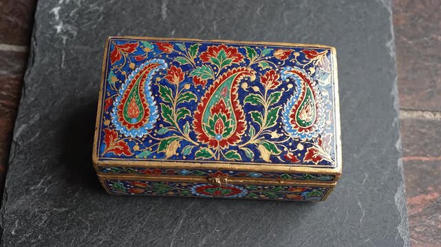 Ornate rectangular jewelry box with intricate blue and red paisley floral pattern, gold accents, decorative metalwork, and hinged lid on dark textured slate surface