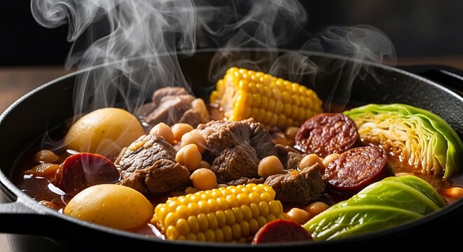 Steaming Hot Pot of Hearty Stew with Meat, Corn, and Cabbage in Black Pan. puchero