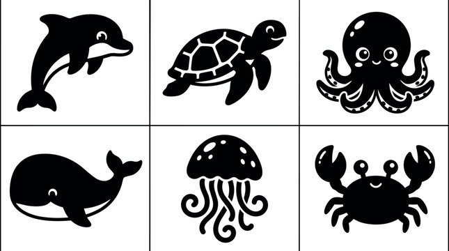 Cute black and white sea animals icons dolphin turtle octopus whale jellyfish crab vector art