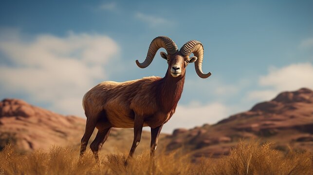 Majestic desert-dwelling ram with massive curled horns overlooking sunlit rugged hills