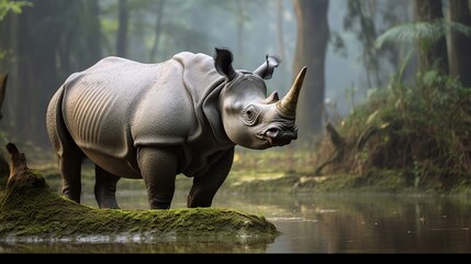 Naklejka premium Majestic grey rhinoceros standing quietly in a misty forest swamp near water's edge