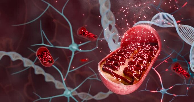 Mitochondria function in cellular metabolism showing ATP synthesis, biochemical energy conversion, and respiration processes supporting life at the cellular level in human organisms. 3D model.
