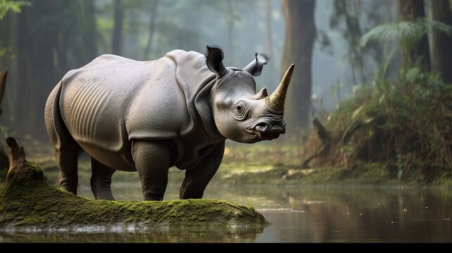 Majestic grey rhinoceros standing quietly in a misty forest swamp near water's edge