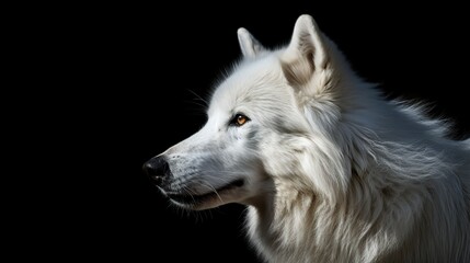 Fototapeta premium Majestic White Arctic Wolf Portrait in Profile Against Pure Night Black Background