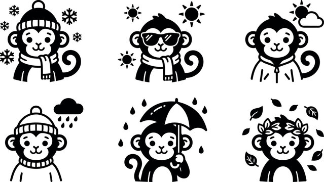 Black and white vector monkeys with seasonal accessories and weather symbols