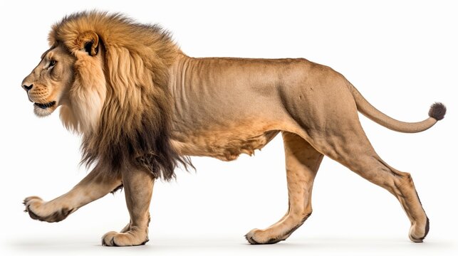 Male adult lion with a magnificent mane walking gracefully, displaying regal posture and power