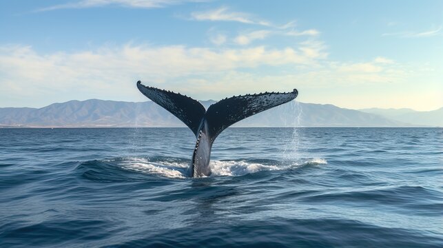 Massive whale tail fluke rises above the ocean surface near a distant coastline beneath a bright blue sky and scattered clouds