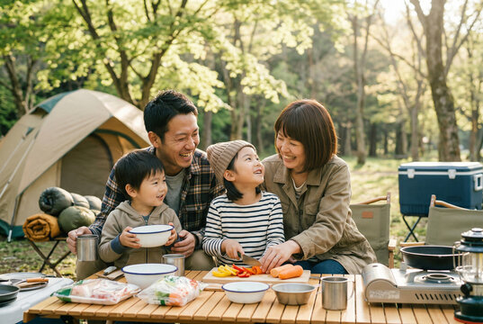 キャンプ場で料理を楽しむ笑顔の家族 野外調理 食育 夏休み Generative AI