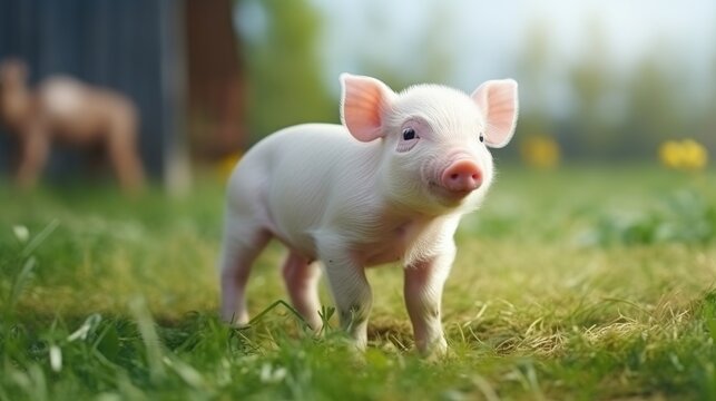 Playful Pink Piglet Exploring Sunny Green Meadow in a Bright Farmyard Scene