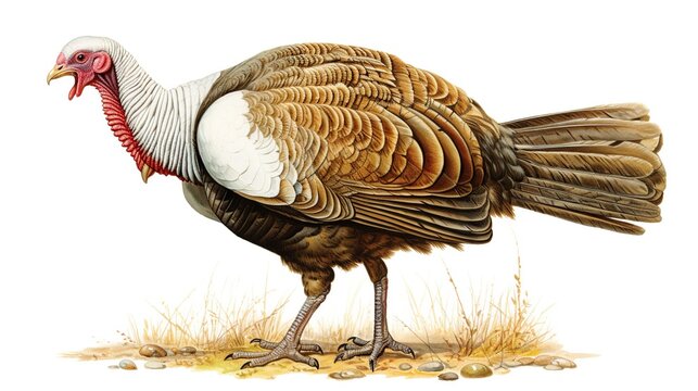 Realistic domestic turkey with brown feathers and red head standing on straw