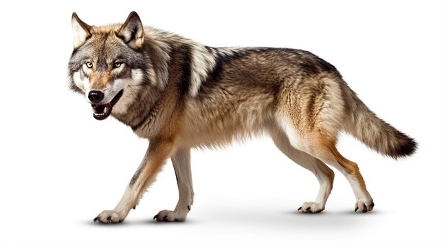 Realistic gray wolf walking sideways on a white studio background