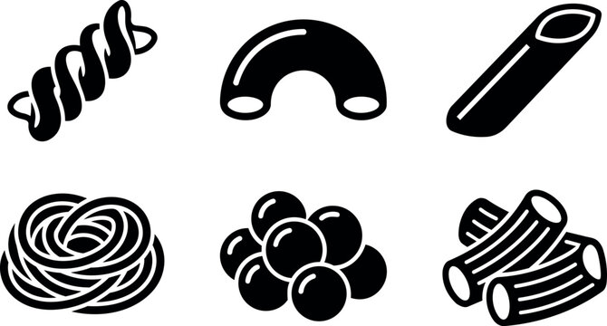 Black and white pasta shapes icon set including fusilli elbow macaroni spaghetti meatball rigatoni