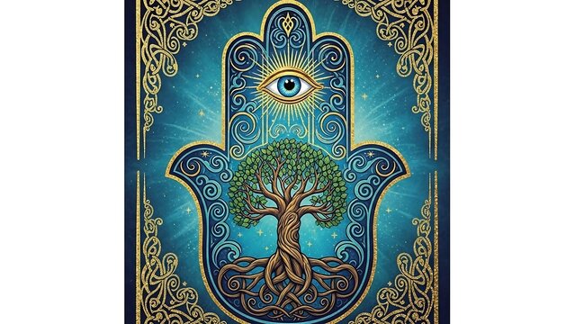 Hamsa Hand with Tree of Life and All-Seeing Eye Illustration.