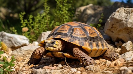 Obraz premium Sunlit Small Desert Tortoise Traversing Pebbles and Rocks in Natural Habitat