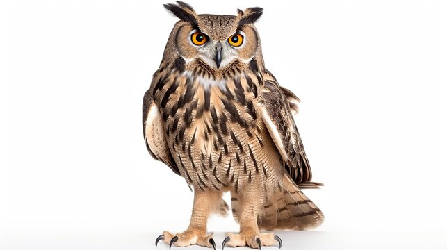 Strikingly detailed brown owl with piercing yellow eyes perched upright in studio on white background