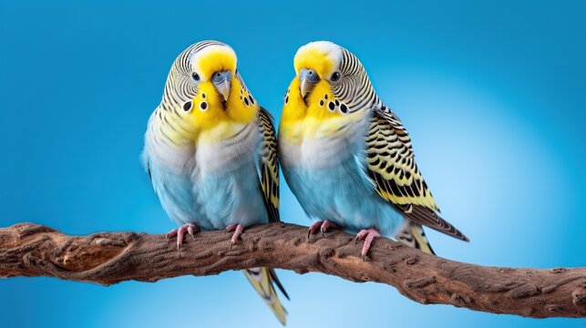 Two Blue and Yellow Budgerigars Perched Side by Side on a Branch Against a Bright Blue Gradient Background