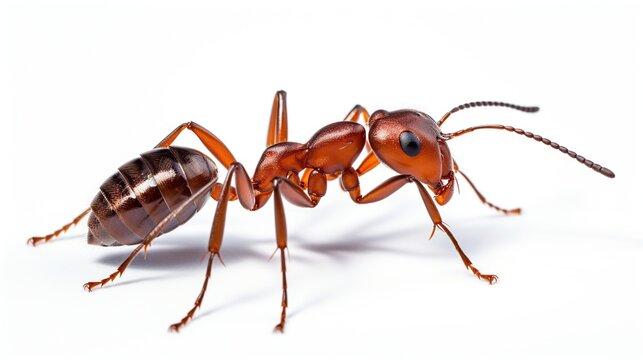 Two red fire ants mating pair joined end to end, viewed from the side