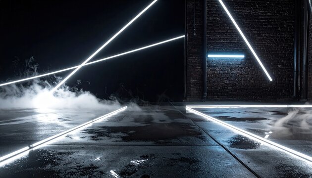 Escenario futurista con tubos de ne&oacute;n blancos brillantes sobre suelo de cemento mojado y pared de ladrillo en un ambiente industrial con niebla.