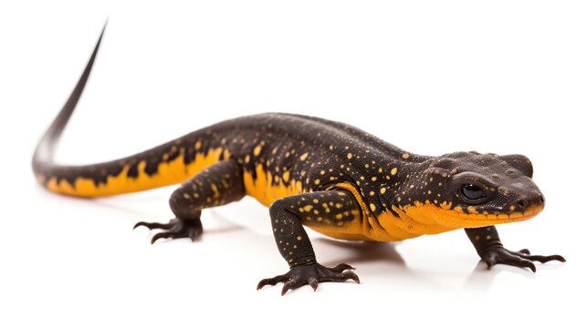 Vivid orange and black spotted fire salamander posed against a white background