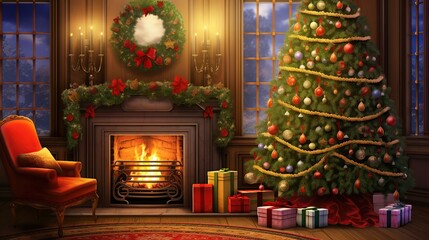 Fototapeta premium Warm Winter Wonderland Living Room Decorated for Christmas with Fireplace and Tree