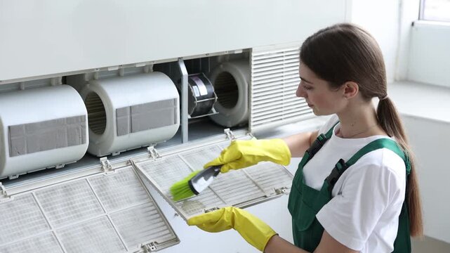 Professional technician cleaning modern air conditioner indoors