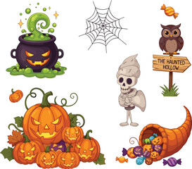Obraz premium Halloween Pumpkin, Cauldron, Skeleton, and Spooky Icons Set for Digital Media, Websites, and Holiday Design Sets