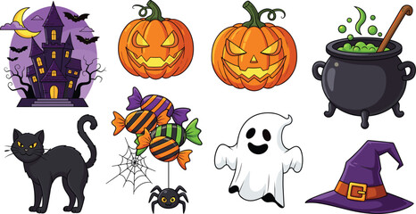 Obraz premium Halloween Themed Vector Icons Set with Pumpkins, Ghost, Witch Hat, Candy, and Haunted House for Digital Media and Websites